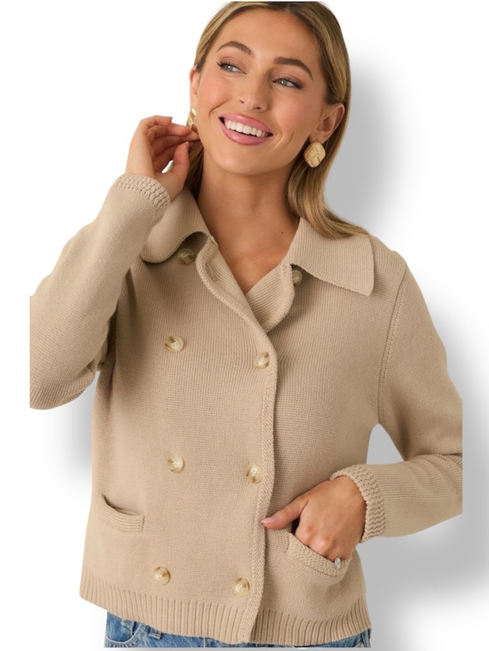 J.Crew Double-Breasted Sweater Jacket Cardigan Tan Camel 100% Cotton Ribbed M